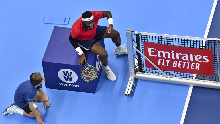 We should have known we were in for a treat when Tiafoe ended up in this position during the seventh game of the opening set.