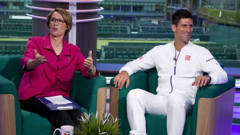 Mary Carillo and Novak Djokovic are all smiles after the Serbian conquered Wimbledon for the third time in 2015.