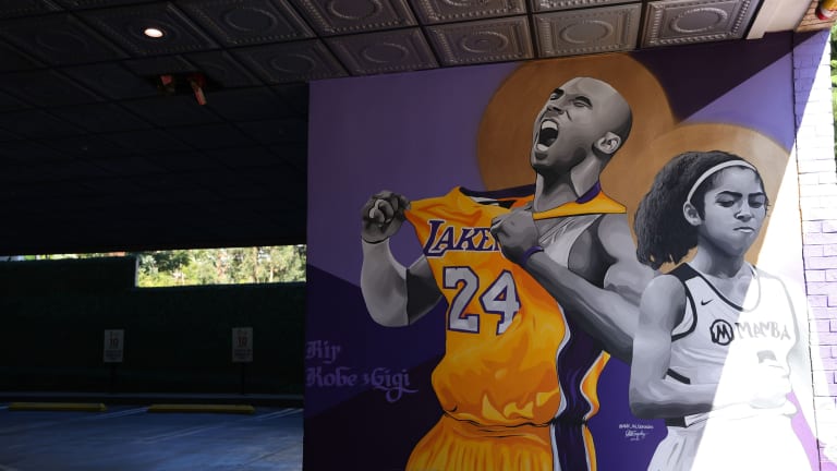 A mural of the late Kobe Bryant and his daughter Gianna, in Los Angeles.