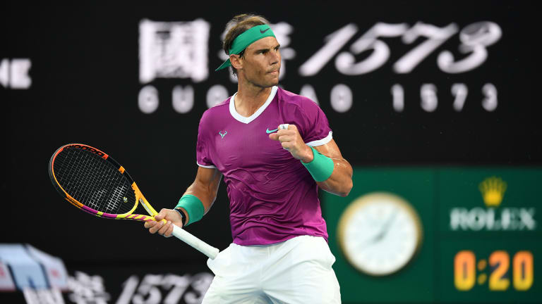 Nadal marked his 22nd Grand Slam title at the 2022 Australian Open in this deep purple and teal kit.