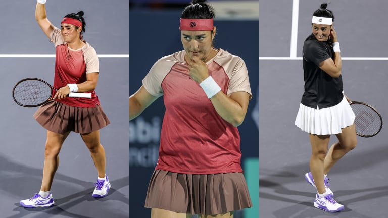 No. 2 seed Jabeur wore Kayanee in red, beige and mauve when she won her opening match in Abu Dhabi, and rocked a black and white kit (right) during doubles with Naomi Osaka.