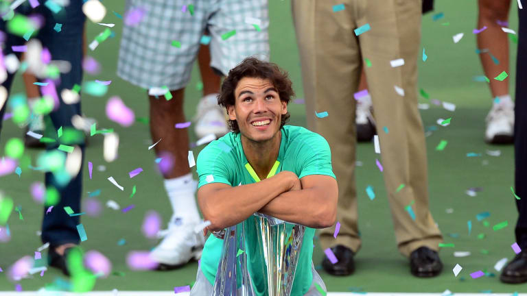 Nadal looking up after capturing the 2013 BNP Paribas Open at Indian Wells.