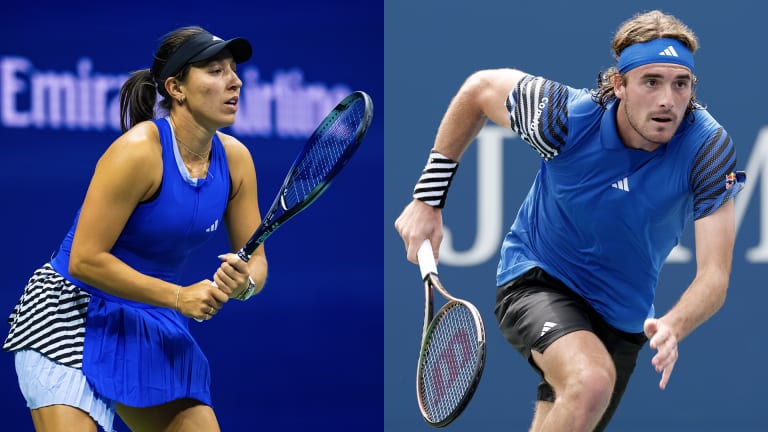 Variations of the Adidas Fall Slam collection in "Billie Blue" on Jessica Pegula and Stefanos Tsitsipas.