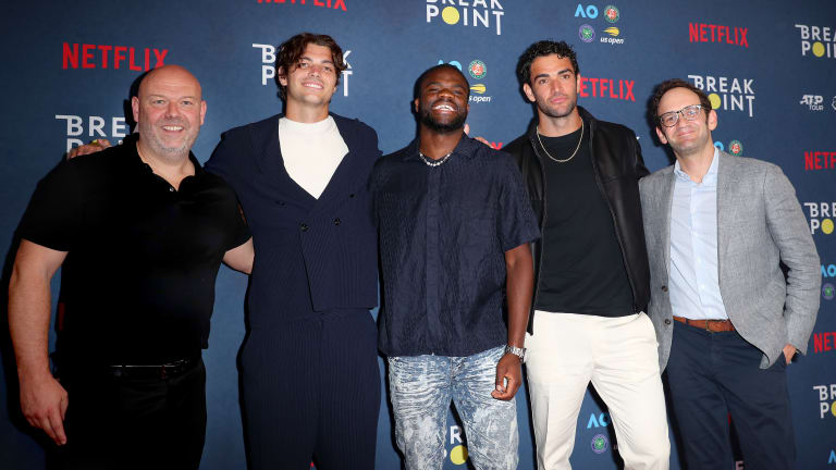 Fritz, Tiafoe, and Berrettini pose with Executive Producer Paul Martin (left) and Director Gabe Spitzer (right).