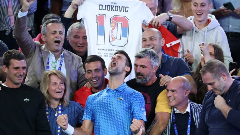 Created by a Melbourne-based small business, the "10" shirts featured prominently during Team Djokovic's celebrations.