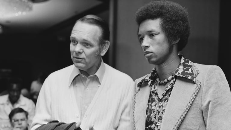 ATP Executive Director Jack Kramer (left) and Arthur Ashe at a meeting in London on June 20, 1973. The meeting ended with the decision to boycott the 1973 Wimbledon championships in protest at a ban on Croatian tennis player Nikola Pilic by the International Tennis Federation (Getty Images).