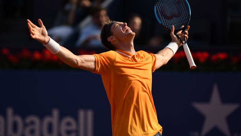 Nicolas Jarry of Chile celebrates victory during day two of the Barcelona Open Banc Sabadell