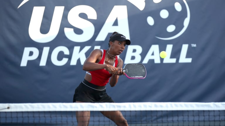 Hurricane Tyra Black playing at the 2023 BioFreeze USA Pickleball National Championships, held at the Brookhaven Country Club this week in Dallas, Texas.