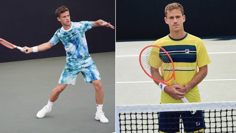 Schwartzman showing off the new “Deuce Court” collection (left), and his take on FILA's updated "Heritage" collection in buttercup yellow.