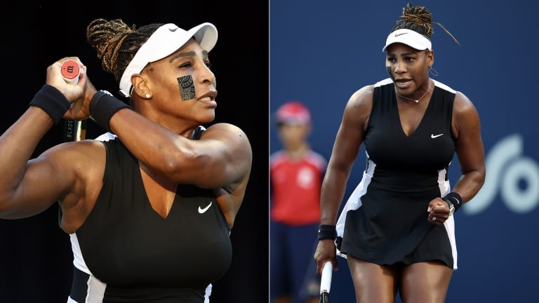 2022: For her first singles win of the year, Serena wore this black and white dress combo in Toronto, with matching medical tape.