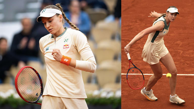 Rybakina rocks a new Yonex cream-colored dress featuring burnt orange and olive-colored details.