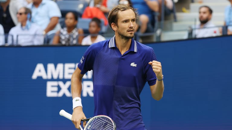 Daniil Medvedev reacts in the second set against Felix Auger-Aliassime during their Men’s Single semifinal match on Day Twelve of the 2021 US Open at the USTA Billie Jean King National Tennis Center
