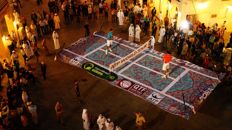 Federer and Nadal soared high above the Souq Waqif for the world’s first "magic" flying carpet tennis match.