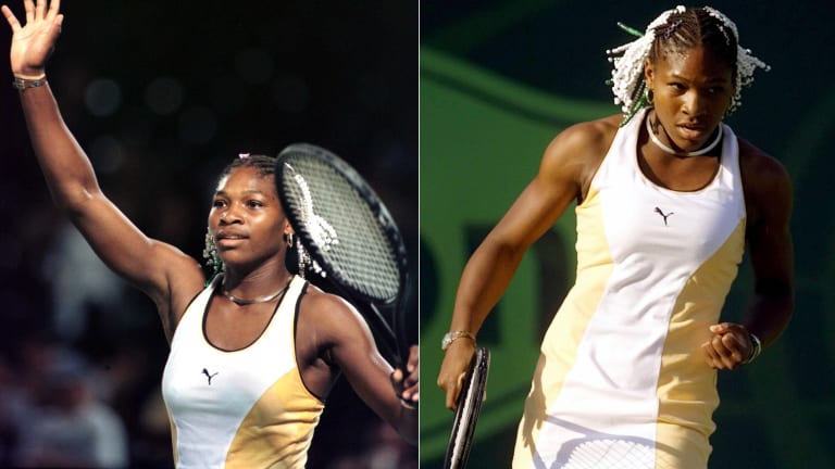 1999: Having signed with Puma a year before, Serena hit the courts in Miami in a yellow and white dress with matching beads.