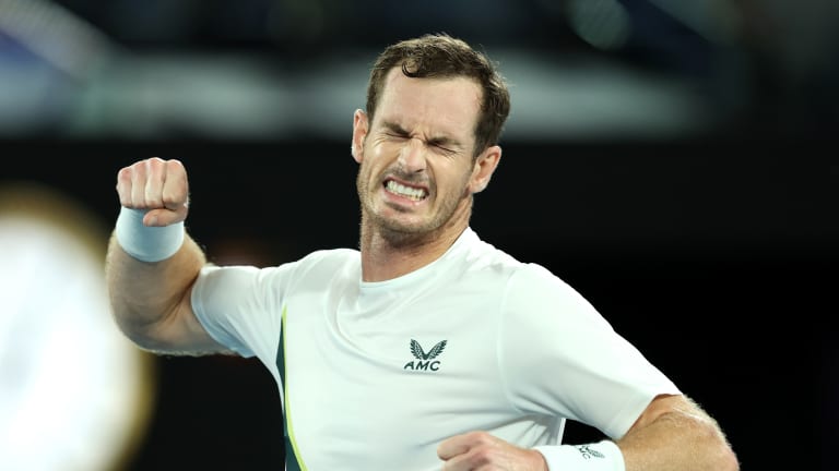 Andy Murray celebrates match point in their round one singles match against Matteo Berrettini during day two of the 2023 Australian Open