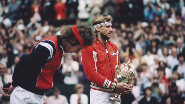 This look from the 1980 Wimbledon trophy presentation was reversed when it came to capturing the moment at the US Open final several weeks later.