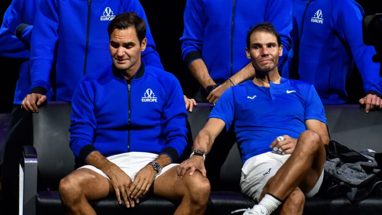 As Ellie Goulding sang, Federer and Nadal let their emotions out together on Team Europe's bench.