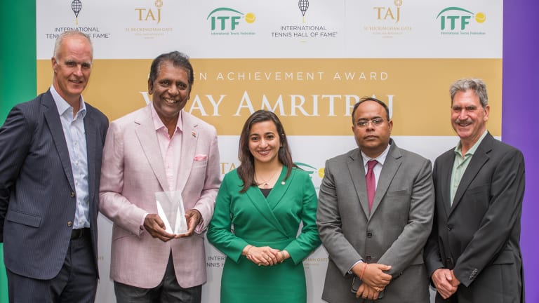 “Both on and off the court, Vijay Amritraj has exemplified the spirit of the Golden Achievement Award with his numerous contributions to international tennis through his promotion of tennis and education wherever he went,” said David Haggerty, president of the ITF (at right).