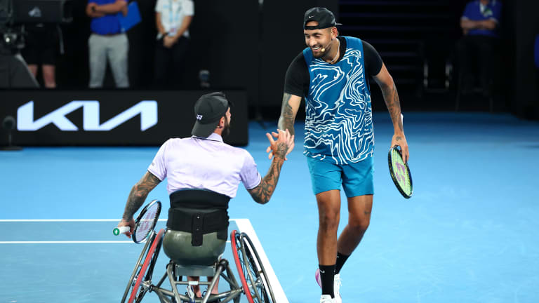 Kyrgios and Djokovic took a set each under Fast4 conditions before teaming up with wheelchair players and juniors for a third-set tiebreak.