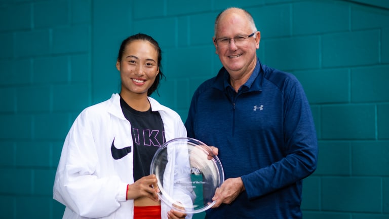 Zheng received her 2022 WTA Newcomer of the Year award in Miami this week.