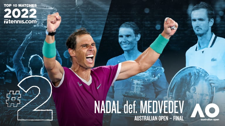 The final score: Nadal d. Medvedev, 2-6, 6-7 (5), 6-4, 6-4, 7-5