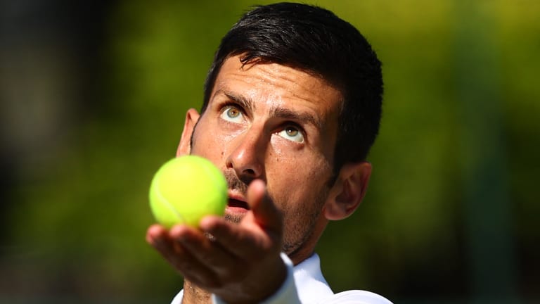 Djokovic at this week's Wimbledon warm-up exhibition at the Hurlingham Club; the Serbian currently trails Rafael Nadal by two major titles in the career race.