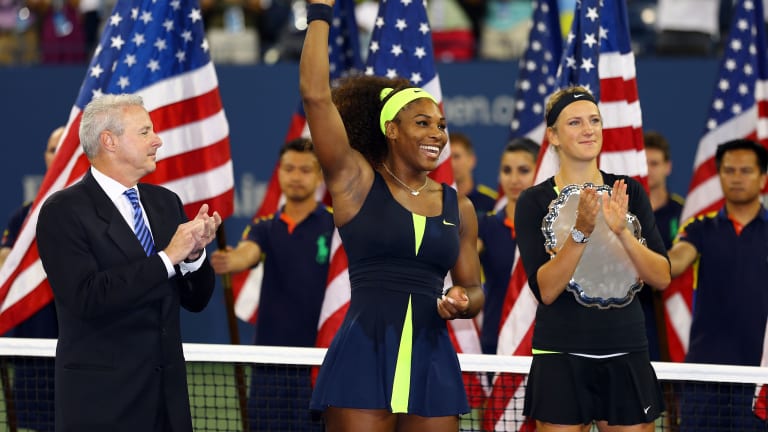 #15: 2012 US Open—With a 6-2, 2-6, 7-5 win over Victoria Azarenka, Serena (center) claimed her fourth title in New York City.