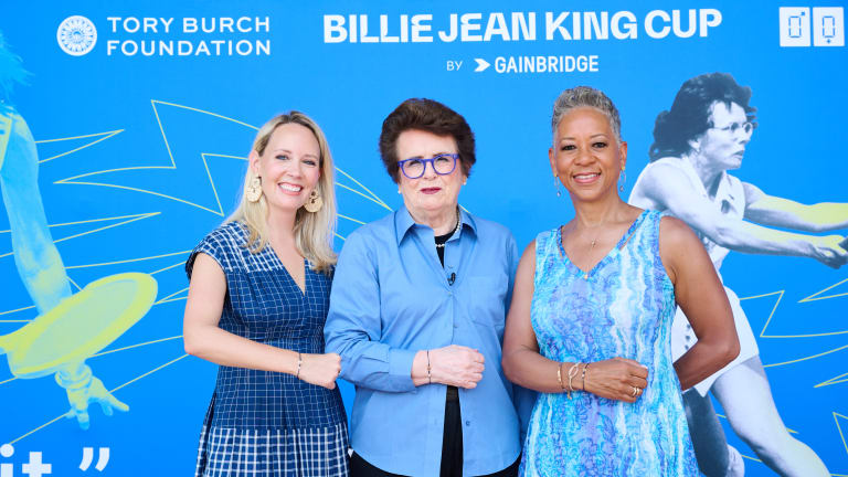 Gabrielle Raymond McGee, COO Tory Burch Foundation; Billie Jean King; and Katrina Adams, Vice President, ITF Board of Directors, at Champions of Equity luncheon before the Billie Jean King Cup by Gainbridge Qualifier tie between the United States and Austria in Delray Beach, Fla.