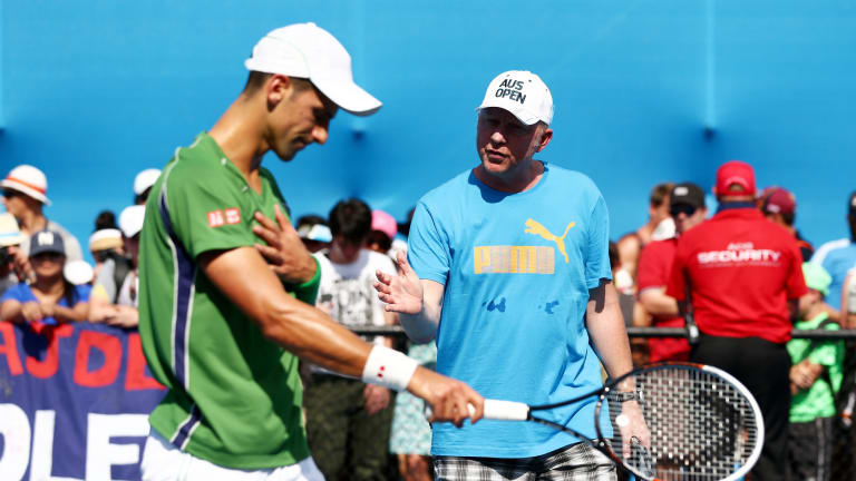 As a former top player who also coached top-level talent, coach Boris Becker instructed Novak Djokovic during one practice session at the 2014 Australian Open.