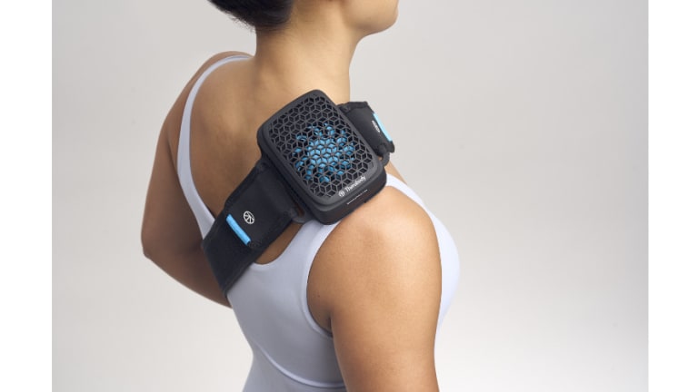 The Recovery ThermCube can be strapped to just about any body part.