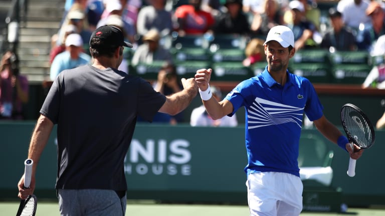 Sampras and Djokovic shared the court for an exhibition at Indian Wells in 2019.
