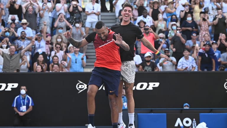 Kyrgios and Kokkinakis celebrate after their third-round victory.