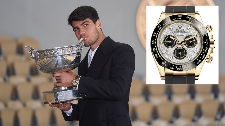 The Rolex testimonee wore a Cosmograph Daytona for his first Roland Garros trophy photoshoot.