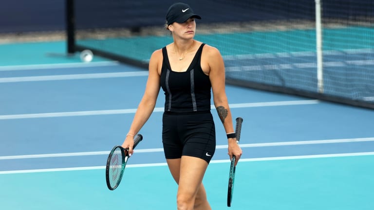 No. 2 seed Aryna Sabalenka trains at the Miami Open ahead of her second-round match against Paula Badosa.