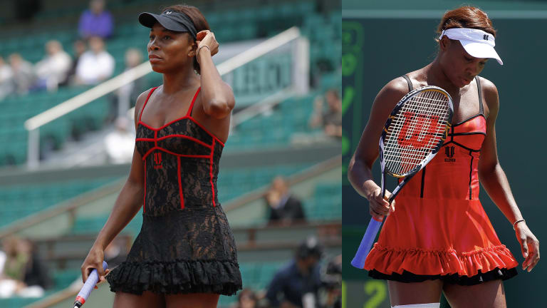 Venus in her black lace can-can inspired dress at 2010 Roland Garros (left) and in red at the 2010 Miami Open.