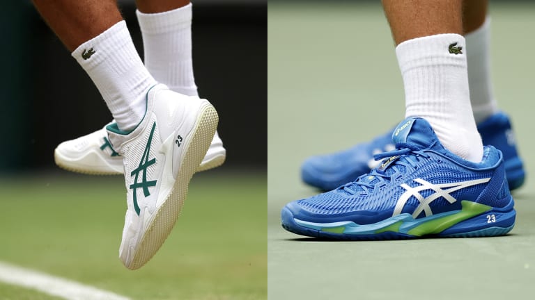Asics commemorated Djokovic's Grand Slam milestones with a detail on his Court FF NOVAK shoes in 2023.