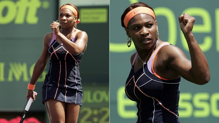 2007: In a navy, pink and orange outfit for the Miami Open.