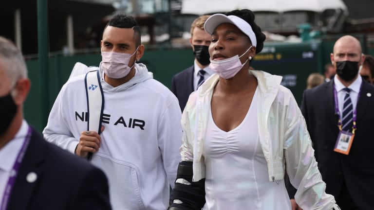 Kyrgios and Williams won their mixed-doubles opener at Wimbledon, and entertained fans around the world.