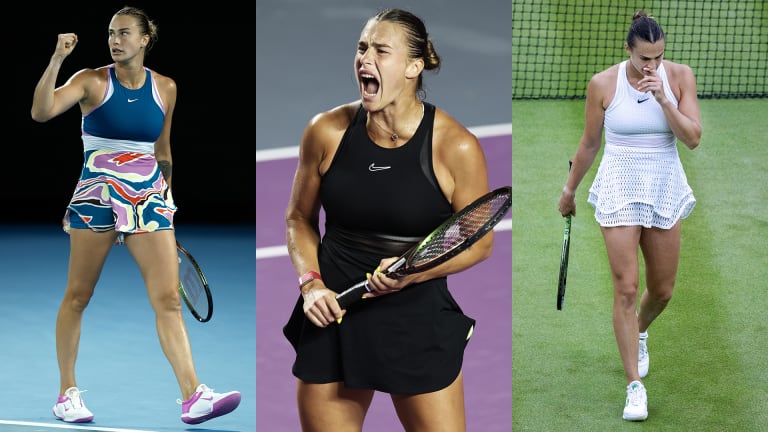 Sabalenka in her Australian Open-winning kit (left), in all-black at the WTA Finals (center) and in a perforated dress that divided the internet at Wimbledon (right).