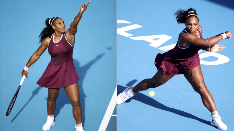 2020: Serena lifted the Auckland trophy wearing this maroon Nike dress, which she later donated to raise funds for Australian bushfire relief.