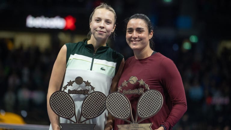 Ons Jabeur (right) defeated good friend Anett Kontaveit in the Estonian's farewell exhibition match.
