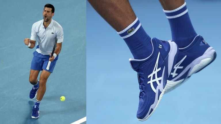 Novak Djokovic in Lacoste and Asics Court FF Novak shoes