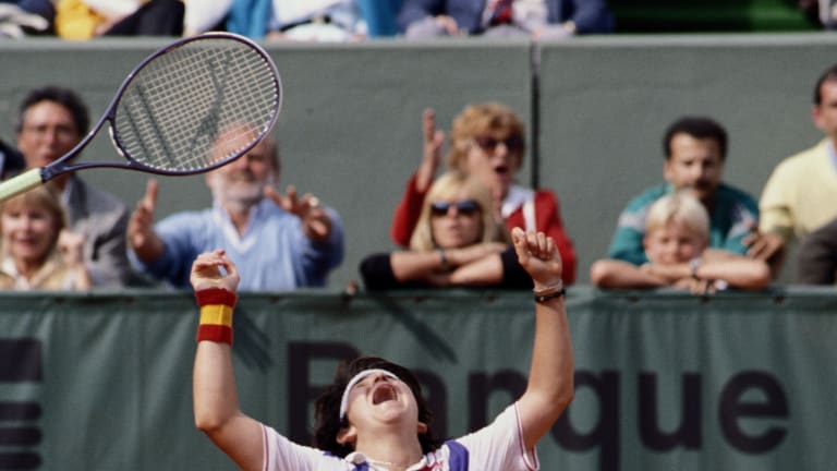 Arantxa Sanchez Vicario celebrates after winning Roland Garros in 1989