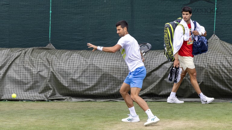 Alcaraz (right) checks out a Djokovic practice session at Aorangi Park earlier in the fortnight.