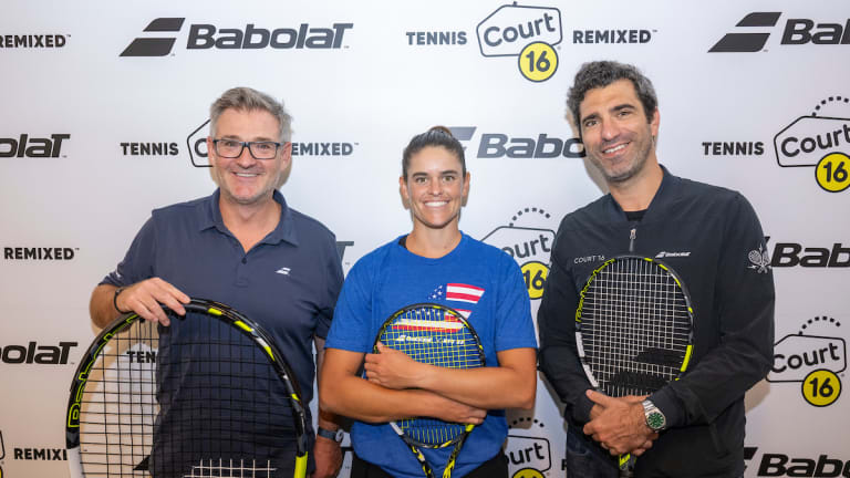 Brady (middle) was joined by CEO of Babolat, Eric Babolat (left), and CEO of Court 16, Anthony Evrard (right).