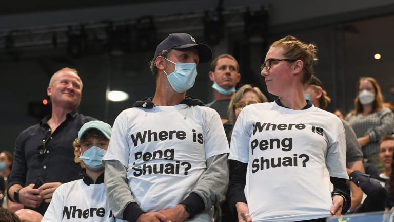 Ahead of the Australian Open women's singles final, 1000 "Where is Peng Shuai?" shirts were handed out by human rights activists to arriving fans.