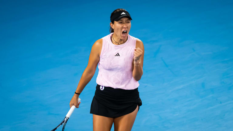 Pegula is wearing a white screen-printed patch with Hamlin's uniform number on her black skirt while she competes at the year's first Grand Slam tournament.