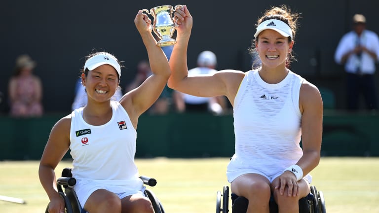 Mathewson (right) made history as the first American woman to win a Grand Slam in wheelchair tennis at 2022 Wimbledon, partnering Yui Kamiji.