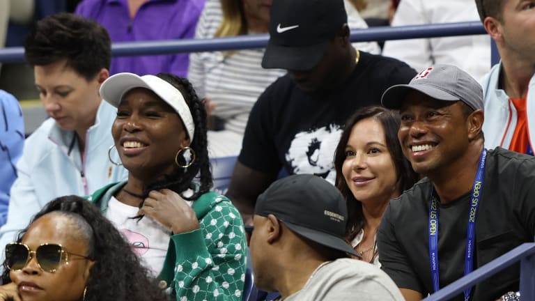 Tiger was seated near big sister Venus in Serena's players box on Arthur Ashe Stadium as the 23-time Grand Slam champion took on world No. 2 Anett Kontaveit.