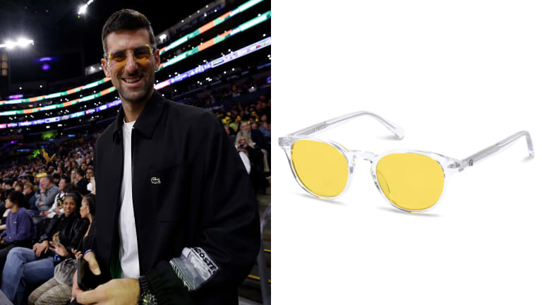 Djokovic appears to rock the Clyde Daylight glasses during an LA Lakers-Denver Nuggets game.